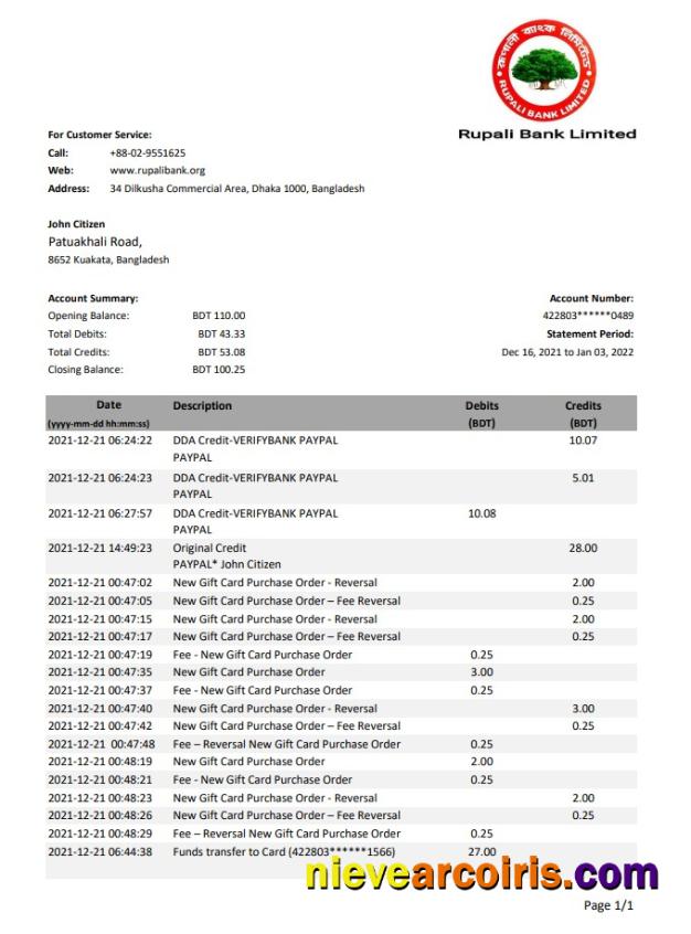 Bangladesh Rupalii Bank statement